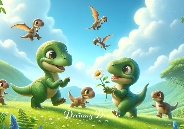 baby dinosaur dream meaning _ A small group of baby dinosaurs playfully exploring a lush, green meadow under a bright blue sky. They chase each other around, their tails wagging, creating a scene of joy and innocence.