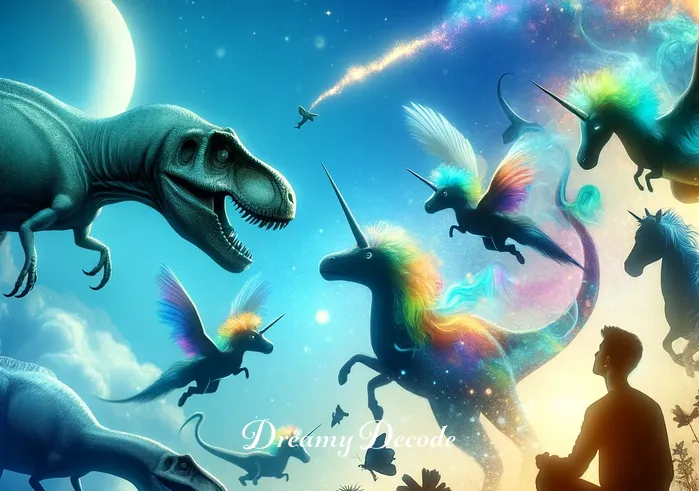 baby dinosaur dream meaning _ A dreamer, depicted as a silhouette, watching in awe as the baby dinosaurs interact with fantastical creatures like unicorns and flying fish, symbolizing the blending of imagination and ancient wonders in dreams.