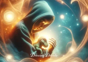 baby dinosaur dream meaning _ The dreamer now gently cradling a baby dinosaur in their arms, surrounded by a soft, glowing light that creates a sense of comfort and protection, symbolizing the nurturing and care in the dream world.