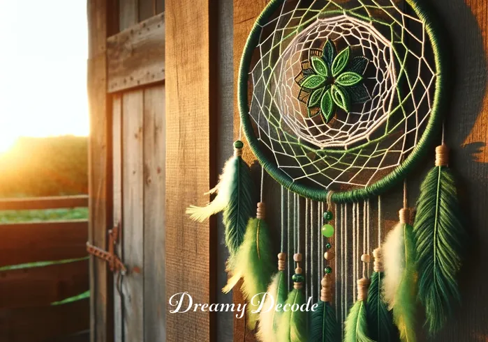 dream catcher color meaning _ This image showcases a completed dream catcher hung against a wooden wall. The dream catcher is rich with green threads woven throughout, symbolizing growth and harmony. The setting sun casts a warm glow on the dream catcher, making the green hues vibrant against the rustic backdrop.