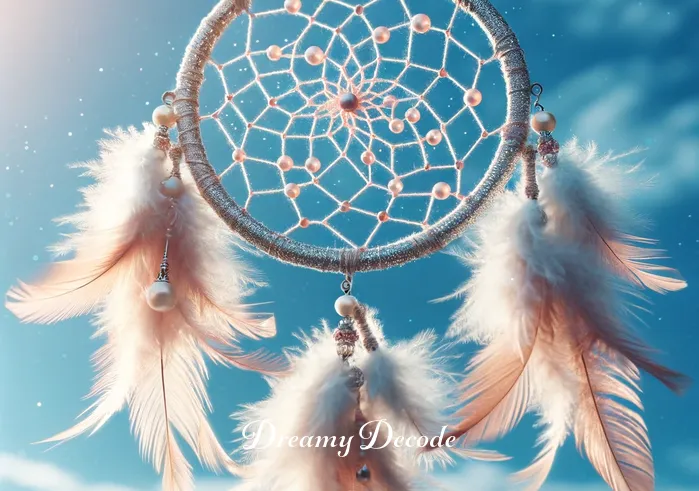 dream catcher dream meaning _ A dream catcher hanging against a serene blue sky, its intricate web sparkling in the sunlight, symbolizing the beginning of a journey to understand dreams.