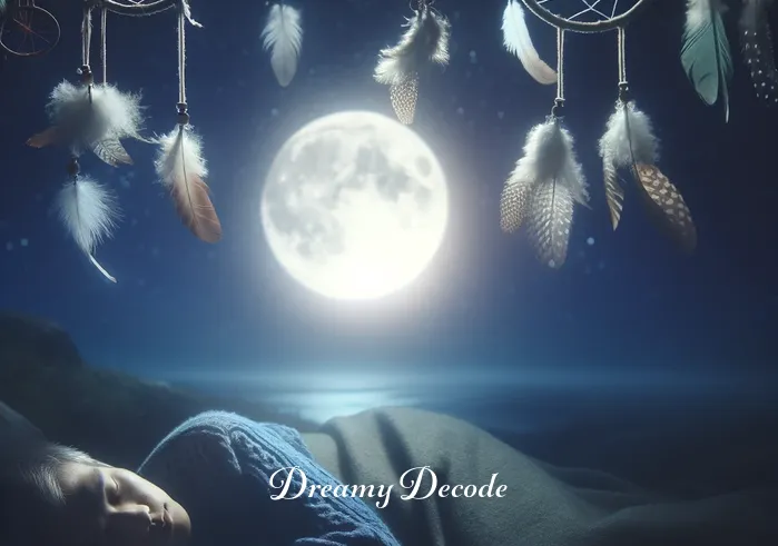 dream catcher dream meaning _ A person peacefully sleeping under a dream catcher, with soft moonlight filtering through, representing the process of dreams being filtered and protected.