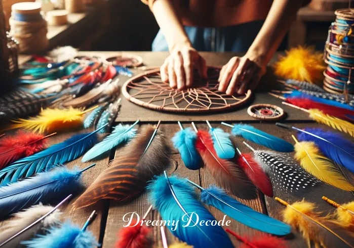 dream catcher feather meaning _ In a tranquil workshop, a person with skilled hands is carefully selecting vibrant feathers from a colorful assortment, laying them out on a rustic wooden table. These feathers, in hues of blue, red, and yellow, are intended for crafting dream catchers, symbolizing air, courage, and happiness.
