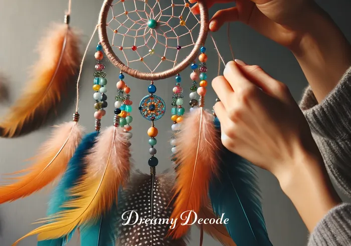 dream catcher feather meaning _ Now adorned with beads and small gemstones, the dream catcher is taking shape. The person is attaching the selected feathers to the lower part of the frame. Each feather hangs gracefully, symbolizing lightness and the connection to the spiritual realm, enhancing the dream catcher