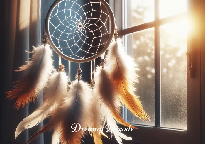 dream catcher feather meaning _ The final scene shows the completed dream catcher hanging by a window, with soft morning light filtering through. The feathers gently sway in a light breeze, representing freedom and the flow of good energy. This image conveys the dream catcher's role in bringing peace and positive dreams to the sleeping individual.