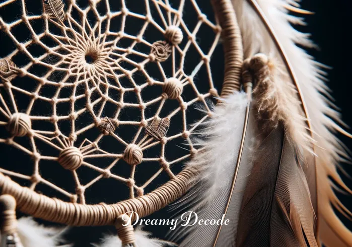 dream catcher feathers meaning _ A close-up view of an intricately woven dream catcher