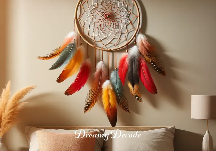 dream catcher feathers meaning _ A serene bedroom setting with a completed dream catcher hanging above the bed, featuring vibrant feathers that signify protection and peaceful sleep.