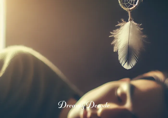 dream catcher feathers meaning _ A depiction of a feather gently falling from the dream catcher onto a sleeping person's forehead, symbolizing the transfer of positive energy and the filtering of bad dreams.