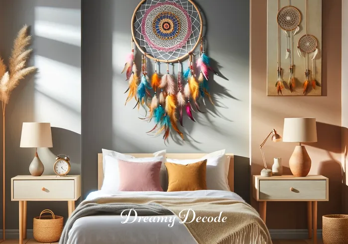 dream catcher history and meaning _ A contemporary setting with a child's bedroom, where a colorful dream catcher is hung above the bed. The room is warmly lit and decorated with elements reflecting nature, symbolizing the dream catcher's ongoing role in providing comfort and protection in modern living spaces.