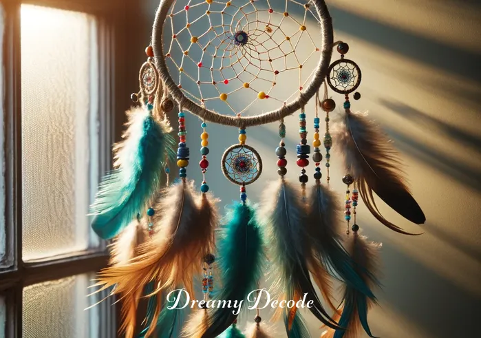 dream catcher meaning _ A traditional Native American dream catcher hangs against a sunlit window, its intricate web and colorful beads catching the morning light. Feathers gently sway in a soft breeze, symbolizing the filtering of dreams and the protection from nightmares.