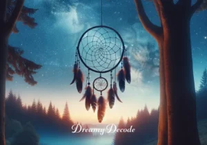 dream catcher meaning _ A scene of a peaceful outdoor setting at twilight, with a dream catcher suspended between two trees. The backdrop shows a starry sky, and the dream catcher seems to blend the spiritual and the natural world, illustrating the belief in its power to connect realms.