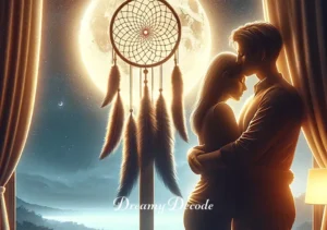 dream catcher meaning in love _ A couple embracing beside a window where a dream catcher is illuminated by the moonlight, symbolizing the fulfillment and protection of love, as guided by the dream catcher's spiritual significance in relationships.