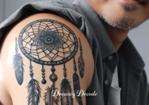 dream catcher meaning tattoo _ The final image shows the person proudly displaying their new dream catcher tattoo on their shoulder. The tattoo is detailed and elegant, with feathers and beads, reflecting the personal and cultural significance discussed in the previous steps. The person's expression is one of satisfaction and respect for the symbol's heritage.