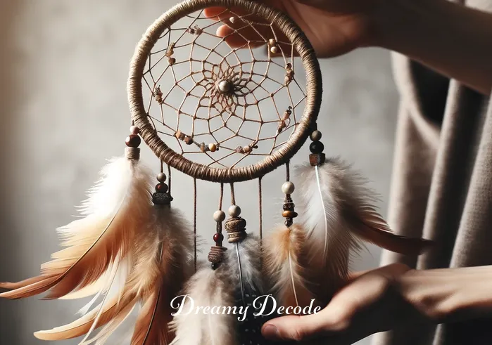 dream catcher placement and meaning _ A person gently holding a dream catcher, intricately woven with feathers and beads, symbolizing the beginning of understanding its meaning and significance.