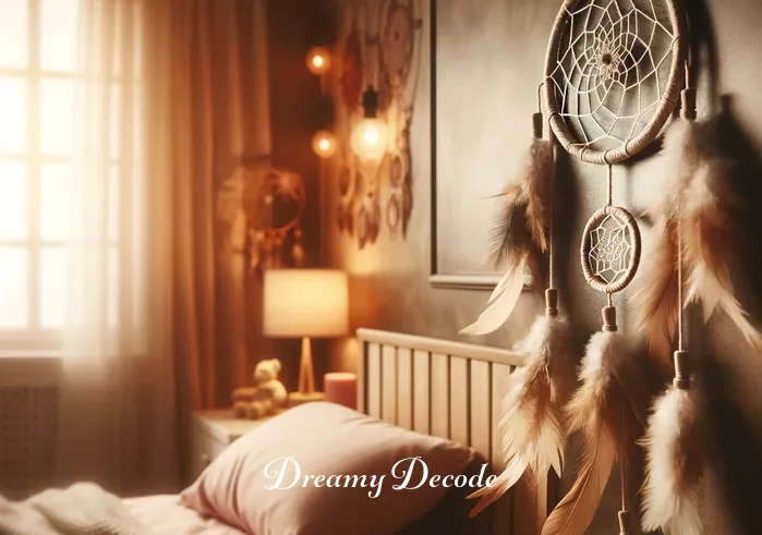 dream catcher placement and meaning _ A dream catcher hanging above a peacefully sleeping child