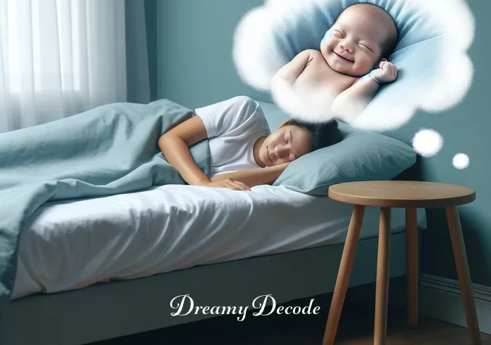baby dream meaning _ A serene image depicting a person peacefully sleeping in a cozy bedroom, with a soft light illuminating a dream bubble above their head. Inside the bubble, a smiling baby is seen cradled in a pair of gentle hands, symbolizing the beginning of a journey exploring the significance of babies in dreams.