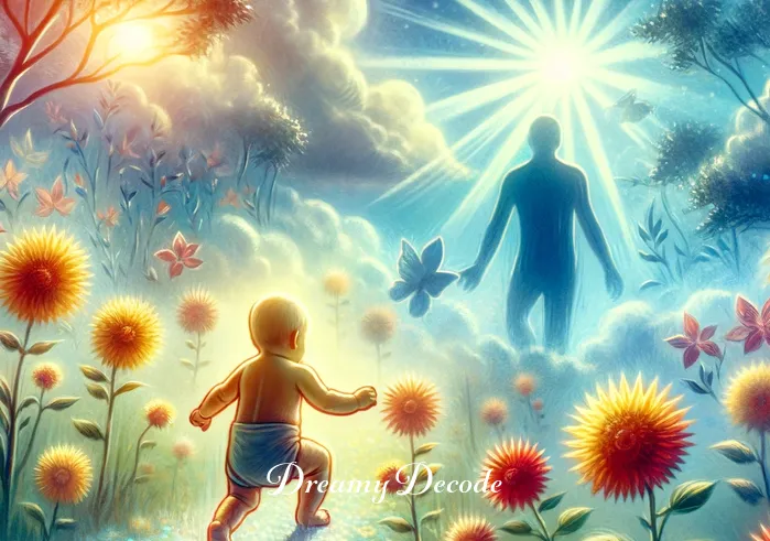 baby dream meaning _ A continuation of the dream sequence, where the dream bubble now shows the baby learning to walk in a sunny, flower-filled garden. This scene represents growth and development, aligning with the theme of new beginnings and personal growth as interpreted in dreams about babies.