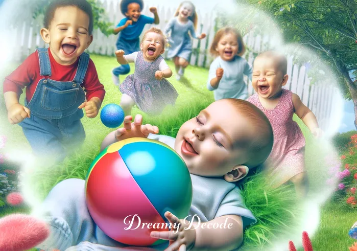 baby dream meaning _ The third scene in the dream series shows the baby in the dream bubble now joyfully playing with a colorful ball, surrounded by other laughing children. This image symbolizes happiness, innocence, and the carefree nature of childhood, linking to the positive aspects of dreaming about babies.