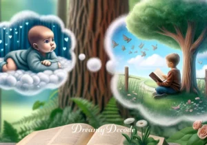 baby dream meaning _ The final scene in the series portrays the dream bubble transitioning to show the baby now as a young child, reading a book under a tree, surrounded by a peaceful, natural setting. This signifies learning, wisdom, and the progression of life, concluding the journey through the different meanings of dreaming about babies.