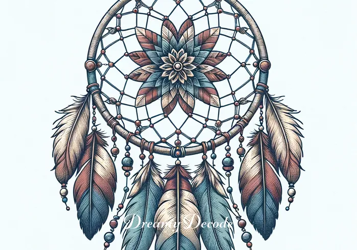 dream catcher spiritual meaning _ The dream catcher now half-complete, featuring a detailed, symmetrical web design in the center. Small feathers and beads are being added, creating a harmonious blend of colors and textures, symbolizing the trapping of bad dreams and allowing good ones to pass through.