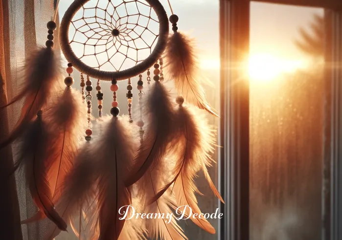 dream catcher spiritual meaning _ A close-up of the finished dream catcher hanging by a window at sunrise. The morning light filters through the feathers and beads, casting gentle shadows. The image captures a sense of peace and spiritual protection, embodying the belief that it guards against nightmares.