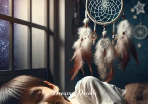 dream catcher spiritual meaning _ A child sleeping peacefully under the dream catcher, with a soft smile on their face. The dream catcher hangs above, set against a starry night sky visible through the window, representing its role in ensuring a night of good dreams and spiritual comfort.