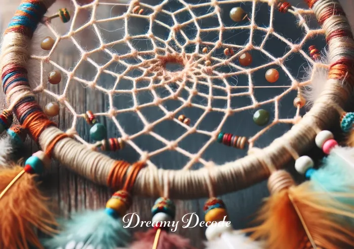 dream catcher symbol meaning _ A close-up view of a traditional dream catcher, highlighting its intricate web-like design woven with colorful threads. Small feathers and beads dangle from the hoop, symbolizing the filtering of dreams and protection from nightmares.