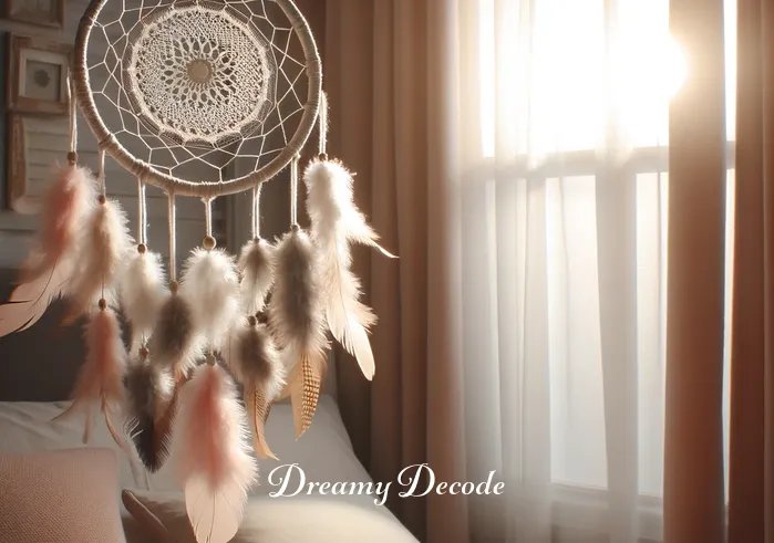 dream catcher symbol meaning _ The dream catcher is displayed in a serene bedroom setting, hanging near a window where gentle sunlight filters through, illustrating the dream catcher