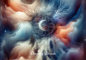 dream catcher symbol meaning _ An abstract representation of dreams and nightmares intertwining around the dream catcher, with soft, ethereal colors depicting peaceful dreams and darker, blurred shapes representing nightmares being caught and neutralized.