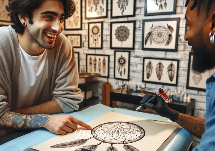 dream catcher tattoo meaning _ A person in a tattoo parlor, excitedly discussing with a tattoo artist about a dream catcher design. They are looking at various sketches and meanings, focusing on a design that symbolizes protection and filtering out negative dreams.