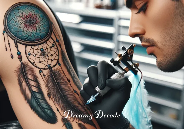 dream catcher tattoo meaning _ The tattoo artist is carefully inking a dream catcher tattoo on the person