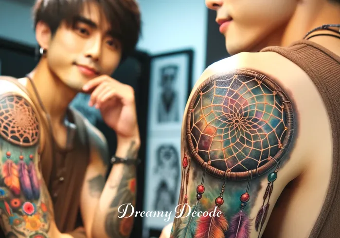 dream catcher tattoo meaning _ The freshly inked dream catcher tattoo is now complete, showcasing vibrant colors and intricate details. The person is admiring their new tattoo in the mirror, reflecting on its symbolism of catching good dreams and warding off nightmares.