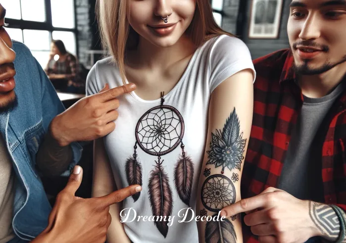 dream catcher tattoo meaning _ The person with the new dream catcher tattoo is sharing the story and meaning behind it with friends. They are in a casual, friendly setting, and their friends are showing genuine interest and admiration for the tattoo's design and significance.