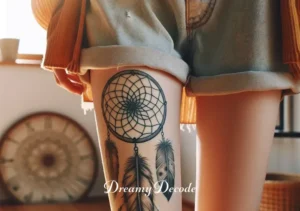 dream catcher tattoo on thigh meaning _ A person standing in a sunlit room, revealing the fully healed dream catcher tattoo on their thigh, paired with casual summer attire, symbolizing the personal expression and meaning behind the tattoo.