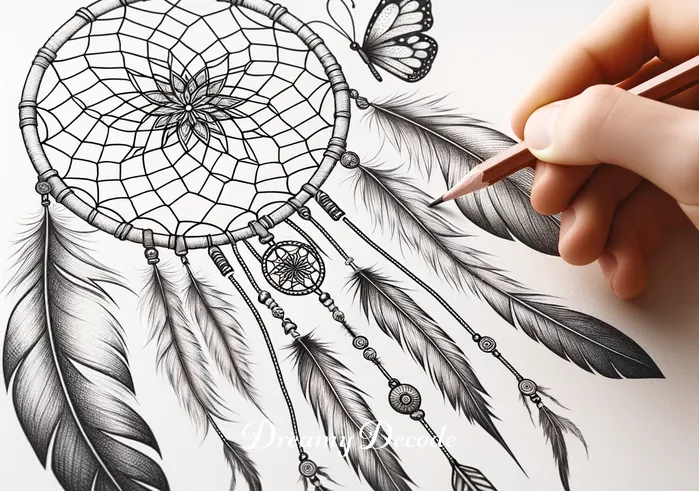 dream catcher with butterfly tattoo meaning _ A dream catcher tattoo being sketched on paper, featuring an intricately woven net within a hoop, adorned with feathers and a small, detailed butterfly perched on one of the feathers, symbolizing freedom and transformation.