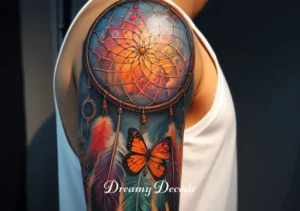 dream catcher with butterfly tattoo meaning _ The completed tattoo, vivid and detailed, on the client's arm, showcasing the dream catcher with its feathers and the butterfly in full color, embodying the person's journey towards self-discovery and spiritual growth.