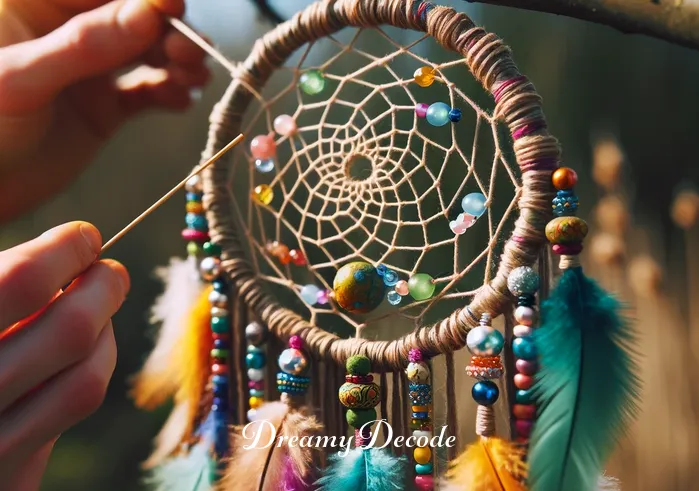 indian dream catcher meaning _ The dream catcher is now half-complete, hanging from a branch. The weaver adds colorful beads and feathers, symbolizing elements of nature and spirituality. The beads glint in the sunlight, adding a vibrant contrast to the earthy tones of the willow and sinew.