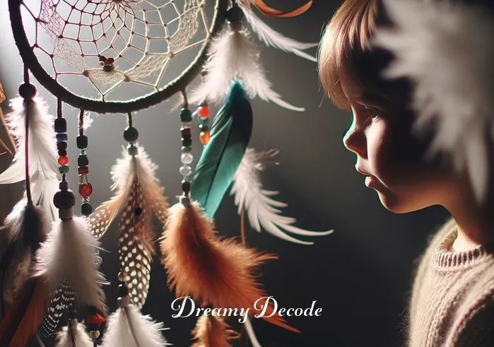 indian dream catcher meaning _ A child gazes at the finished dream catcher, now adorned with a variety of feathers and beads. The dream catcher sways gently in a light breeze, casting intricate shadows. The child