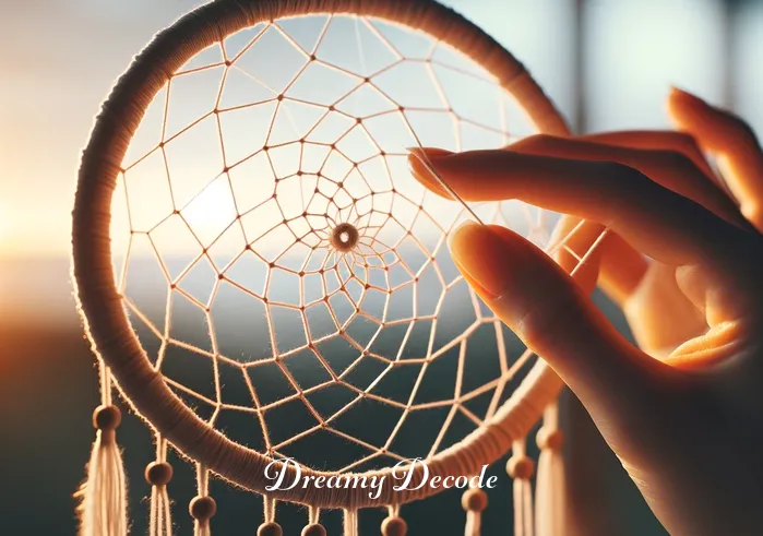 meaning of a dream catcher _ A hand gently weaving the intricate web of a dream catcher, symbolizing the beginning of creating a protective charm. The web is just starting to take shape, with several threads interlaced around the circular frame, set against a peaceful background.