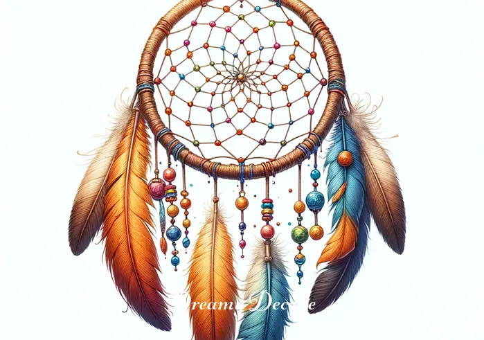 meaning of a dream catcher _ A nearly completed dream catcher, now with colorful beads and feathers attached to the web and dangling below. The image conveys the addition of elements believed to bring strength and harmony, reflecting the cultural significance of the dream catcher.