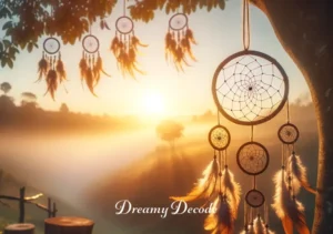 meaning of a dream catcher _ A serene outdoor setting at dawn, showcasing a group of dream catchers hanging from tree branches, gently swaying in the morning breeze. This image symbolizes the dream catcher's connection to nature and its role in capturing the first light of day, embodying hope and renewal.