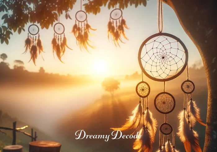 meaning of a dream catcher _ A serene outdoor setting at dawn, showcasing a group of dream catchers hanging from tree branches, gently swaying in the morning breeze. This image symbolizes the dream catcher's connection to nature and its role in capturing the first light of day, embodying hope and renewal.