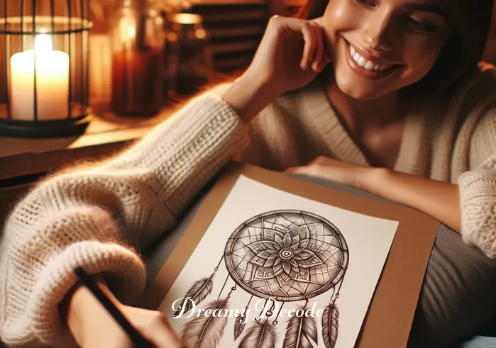 meaning of a dream catcher tattoo _ A person in a cozy, well-lit room, smiling as they thoughtfully sketch a dream catcher tattoo design on a pad of paper. The design features intricate patterns and feathers, symbolizing the dream catcher
