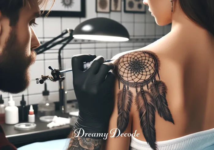 meaning of a dream catcher tattoo _ A tattoo artist with a calm demeanor, wearing gloves, is meticulously inking the dream catcher design onto a client