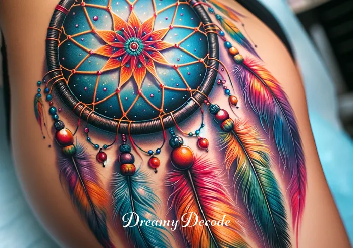 meaning of a dream catcher tattoo _ The freshly inked dream catcher tattoo, now completed, is shown in close-up. The tattoo features detailed weaving, vibrant feathers, and small beads, symbolizing the filtering of negative dreams and retaining positive ones.
