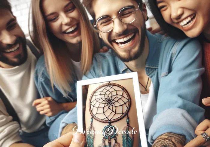 meaning of a dream catcher tattoo _ The tattoo owner, a joyful individual, is shown sharing a photo of their new dream catcher tattoo with friends. The group admires the tattoo, which represents the cultural significance and personal meaning attached to dream catchers.