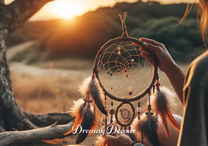 meaning of dream catcher _ A person of mixed descent sits under a tree, holding a dream catcher in their hands. They are attentively adding beads and feathers to the woven net, symbolizing the first step in creating a dream catcher. The setting sun casts a warm glow over the serene landscape, highlighting the intricate details of the dream catcher.