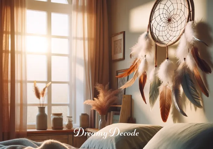 meaning of dream catcher _ The dream catcher is hung in a cozy bedroom window, with the early morning light filtering through its feathers. The scene represents the dream catcher