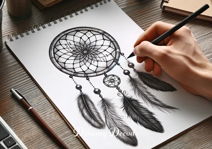 meaning of dream catcher tattoo _ A person sitting at a desk, thoughtfully sketching a dream catcher tattoo design on paper. The sketch includes intricate details with feathers and beads, symbolizing the dream catcher