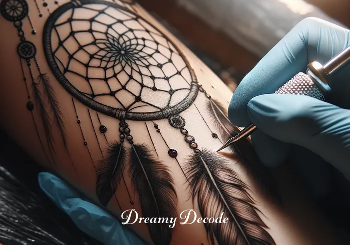 meaning of dream catcher tattoo _ A close-up of the tattoo being carefully inked on a client’s arm. The dream catcher design comes to life with fine lines and shades, embodying the belief in the dream catcher